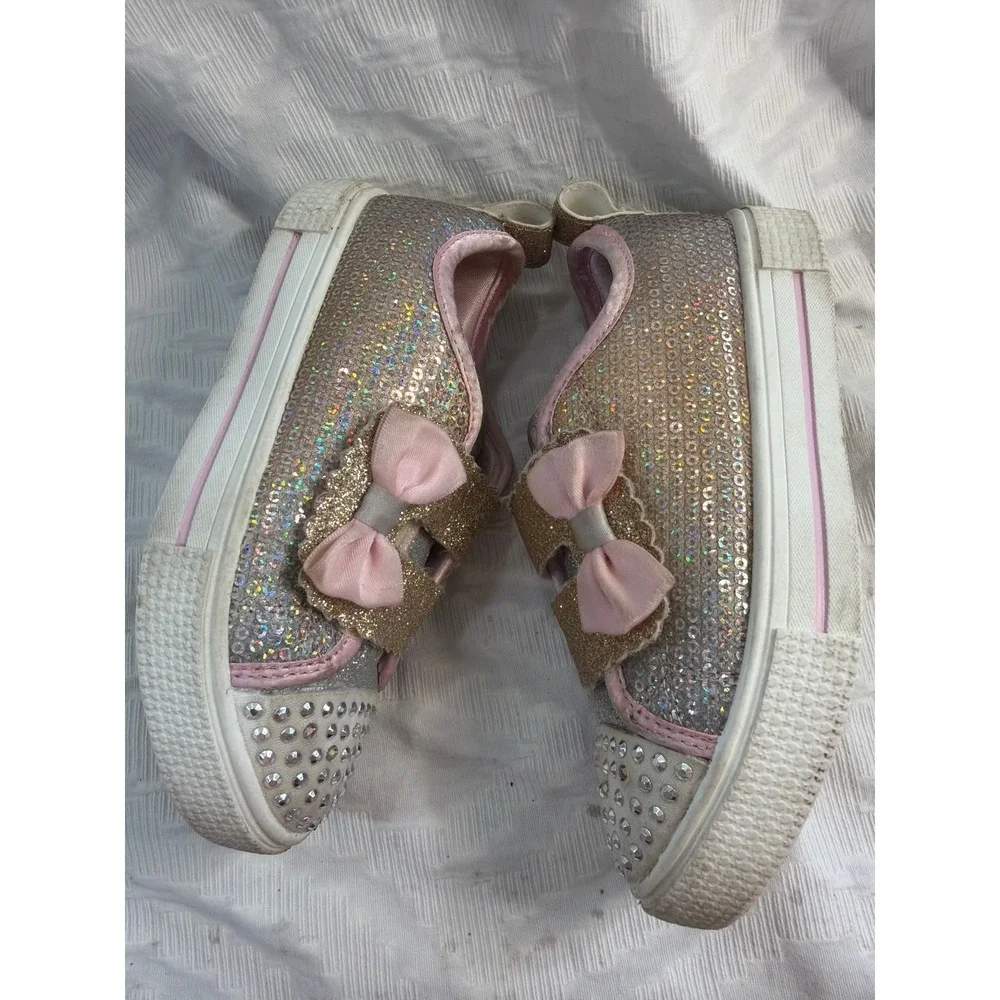 Skechers Twinkle Toes Girls Size 11 Glitter Rhinestone Bow Sneakers Hook & Loop